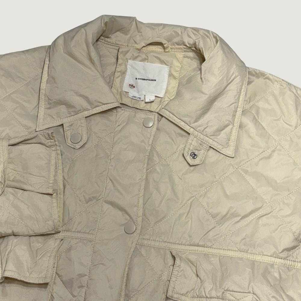 Anthropologie Quilted Shirt Jacket Women L Cream Ivory Oversized Shacket Utility